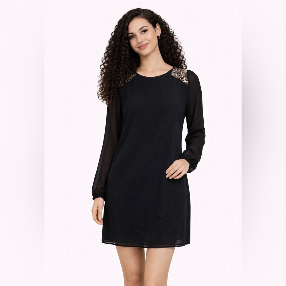 Black Dress Sequin Detail Long Sleeve Party Cocktail‎ Mini Dress